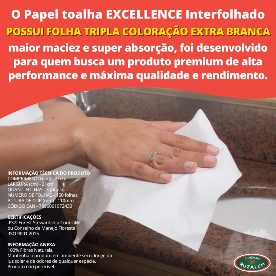 Papel Toalha Interfolhado Luxo Folha Tripla Elite 100% Celulose com 150 folhas